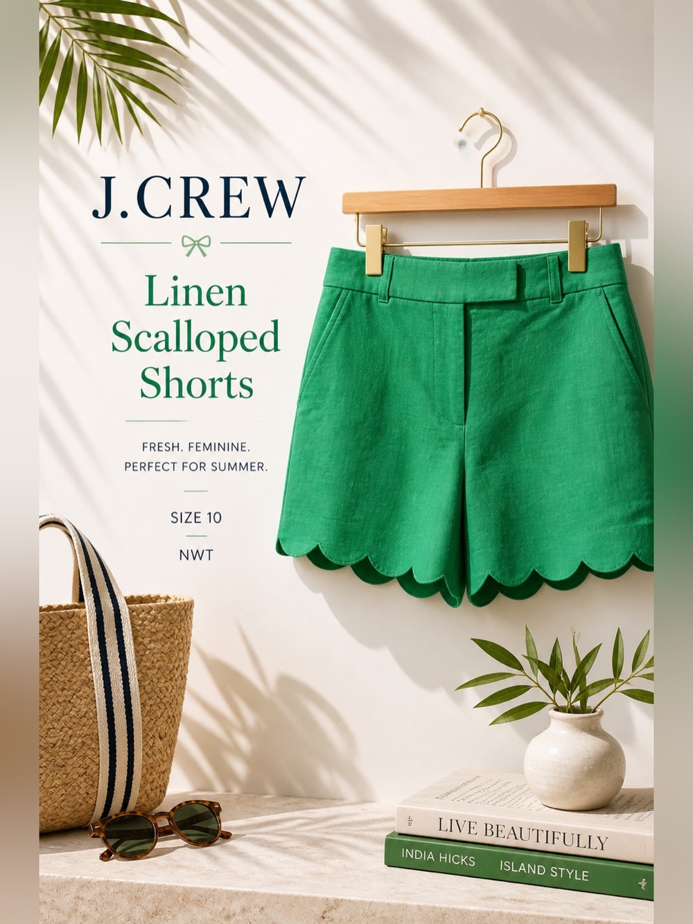 J. Crew Green Linen Scalloped Shorts Size 10 NWT